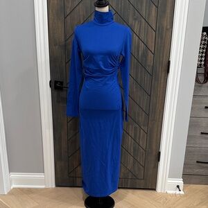 Cos Blue Long Sleeve Shirred Midi Dress